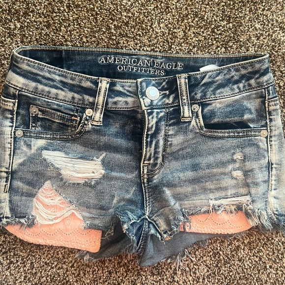 American Eagle Outfitters Pants - American Eagle Outfitters Ripped Jean Shorts - Blue and Pink